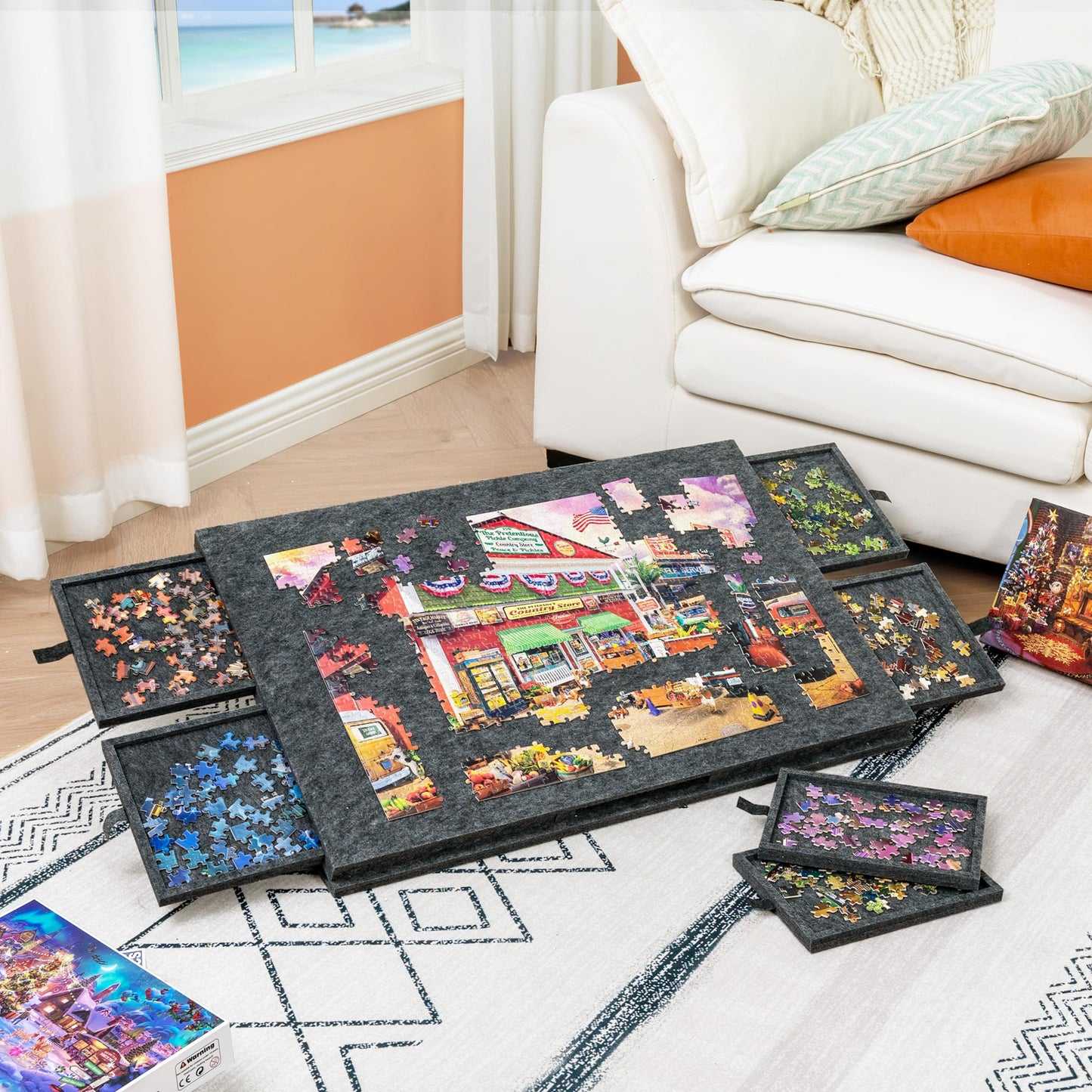 Portable Jigsaw Puzzle Table Felt Puzzle Plateau Tilting Puzzle Board for 1000-2000 Pieces with Non-Slip Felt Surface