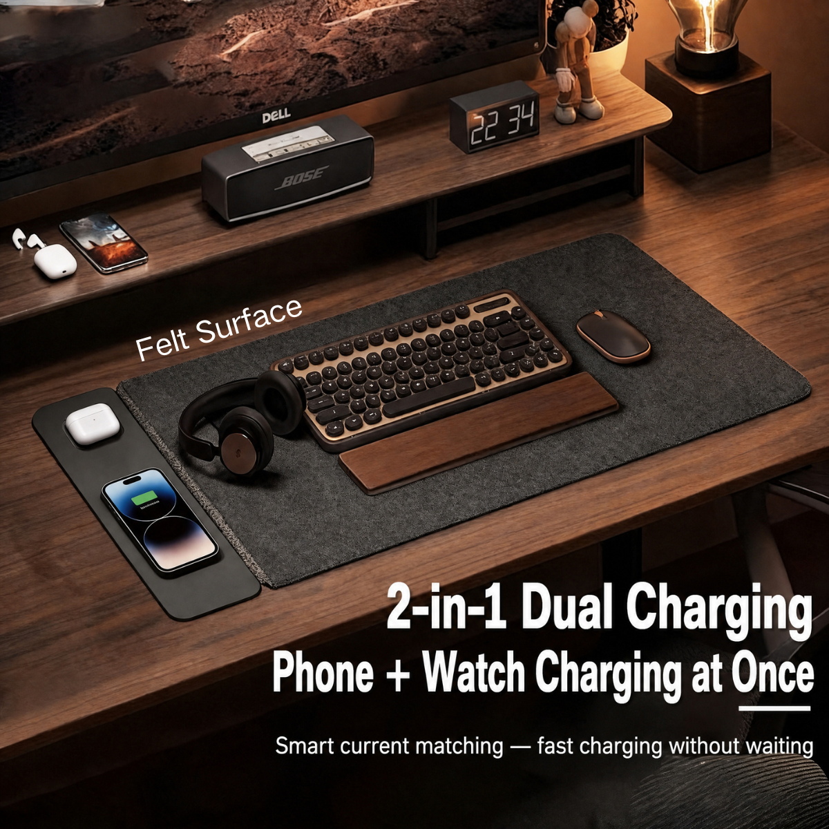 Custom 2-in-1 Leather Felt Separated Wireless Magnetic Computer Desk Mat with a Middle Compartment Large Office Mouse Pad