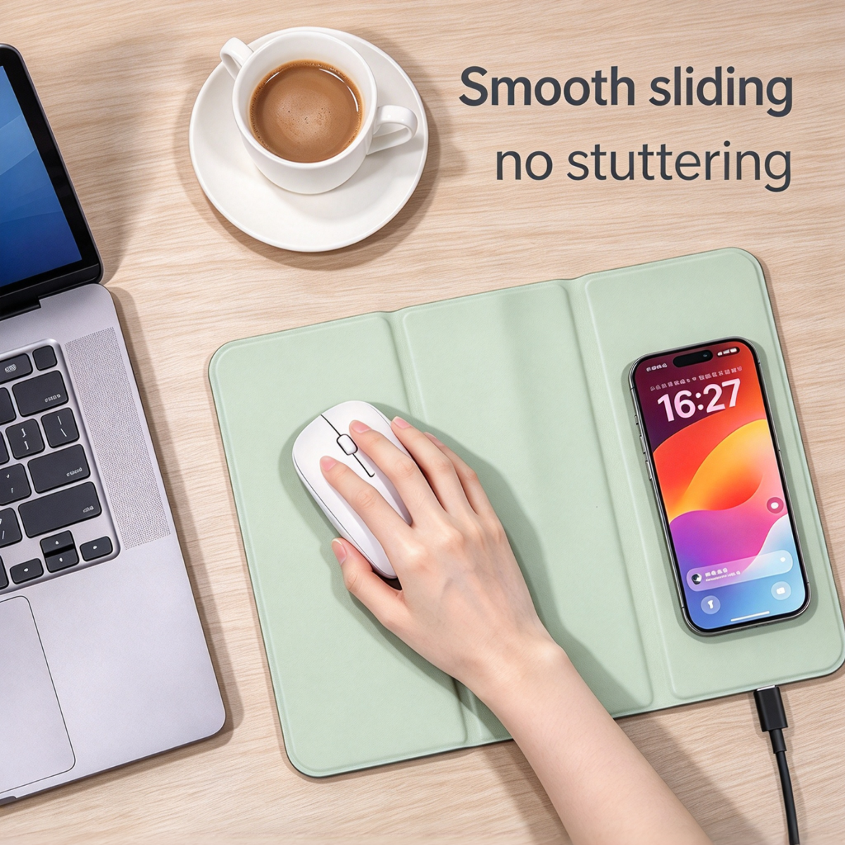 Tri Fold Wireless Charging Mouse Pad Leather Phone Stand Desk Mat Fast Charge Compact Travel Office Gift