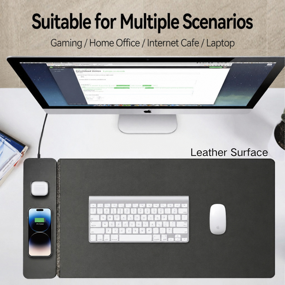 Custom 2-in-1 Leather Felt Separated Wireless Magnetic Computer Desk Mat with a Middle Compartment Large Office Mouse Pad