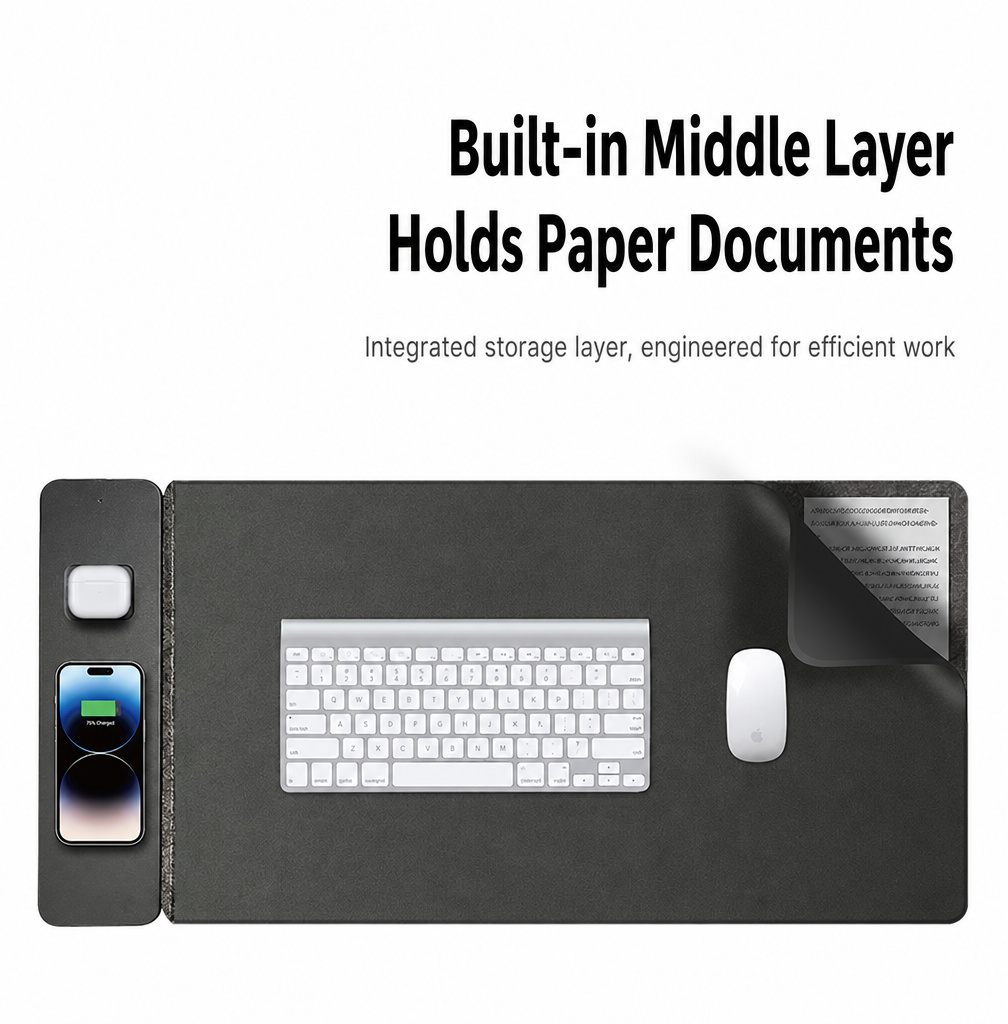 Custom 2-in-1 Leather Felt Separated Wireless Magnetic Computer Desk Mat with a Middle Compartment Large Office Mouse Pad