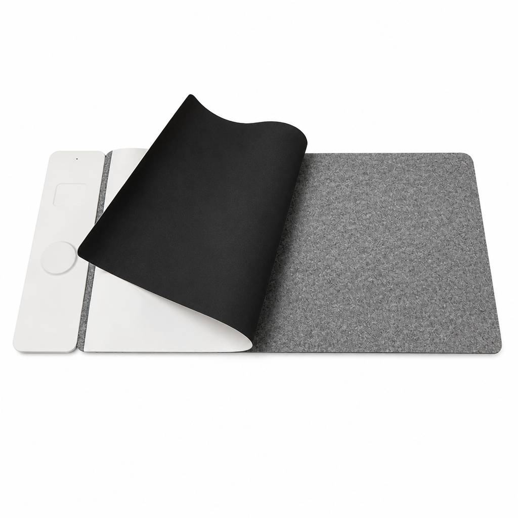Custom 2-in-1 Leather Felt Separated Wireless Magnetic Computer Desk Mat with a Middle Compartment Large Office Mouse Pad
